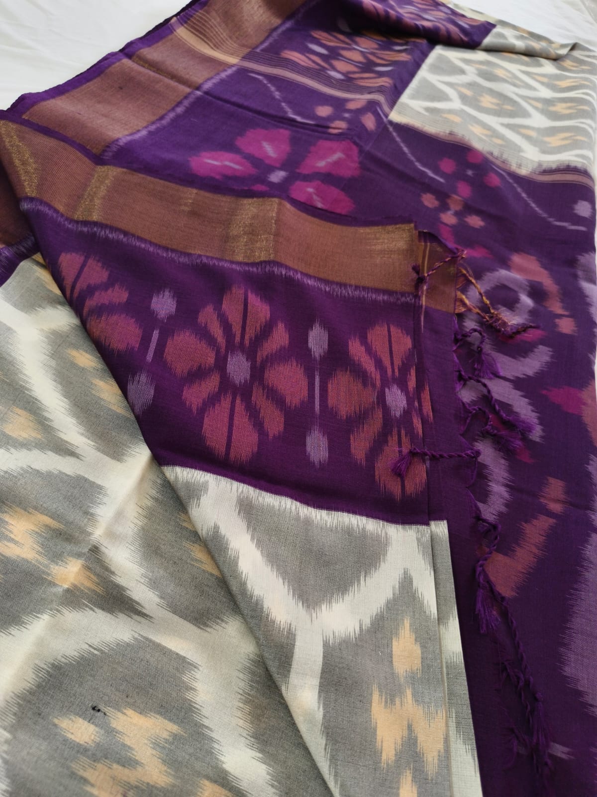 Silk Cotton Saree – Grey & Purple