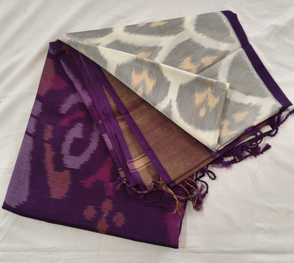 Silk Cotton Saree – Grey & Purple