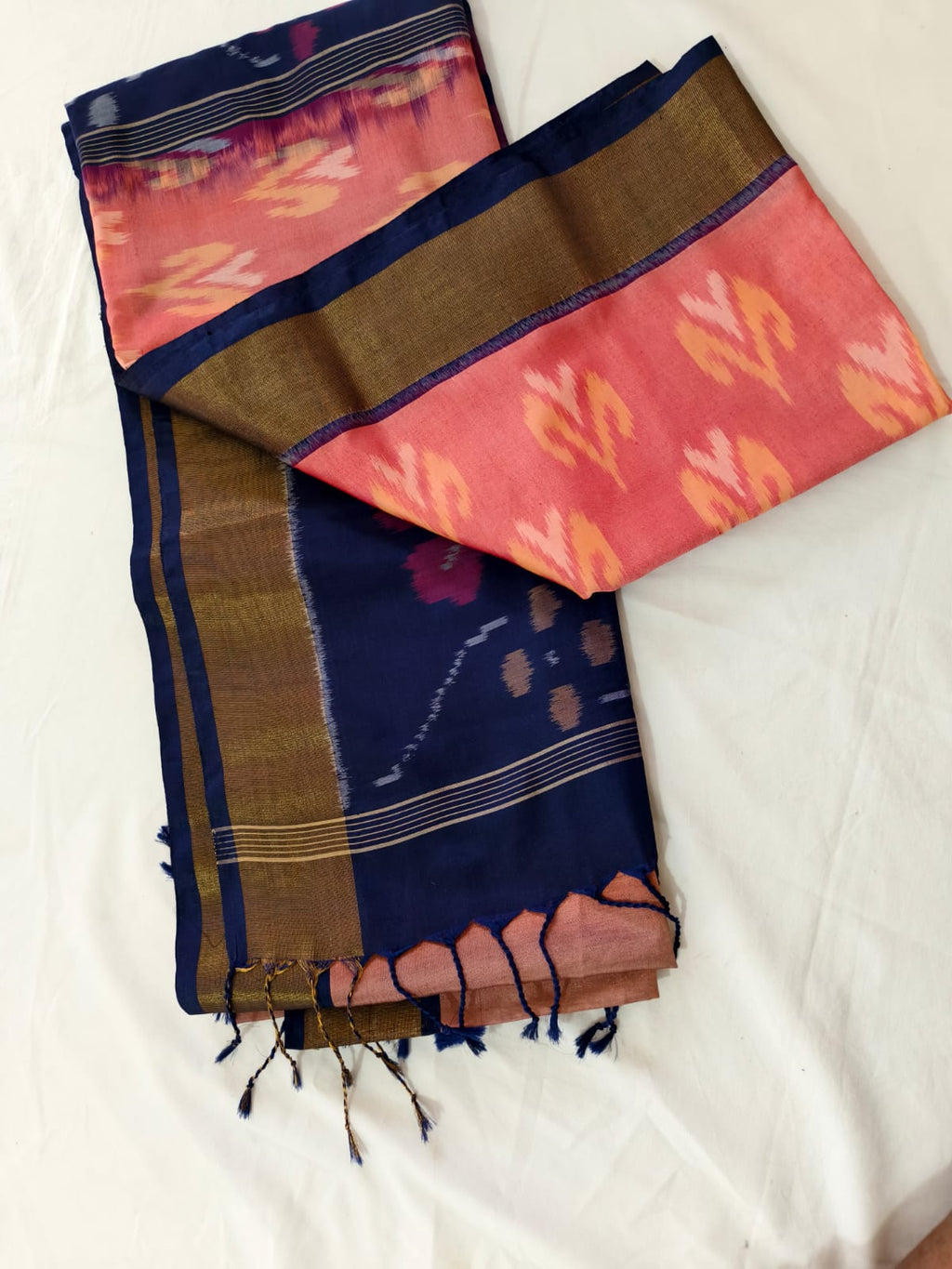 Silk Cotton Saree – Peach & Navy Blue