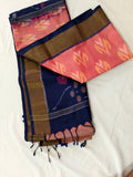 Silk Cotton Saree – Peach & Navy Blue