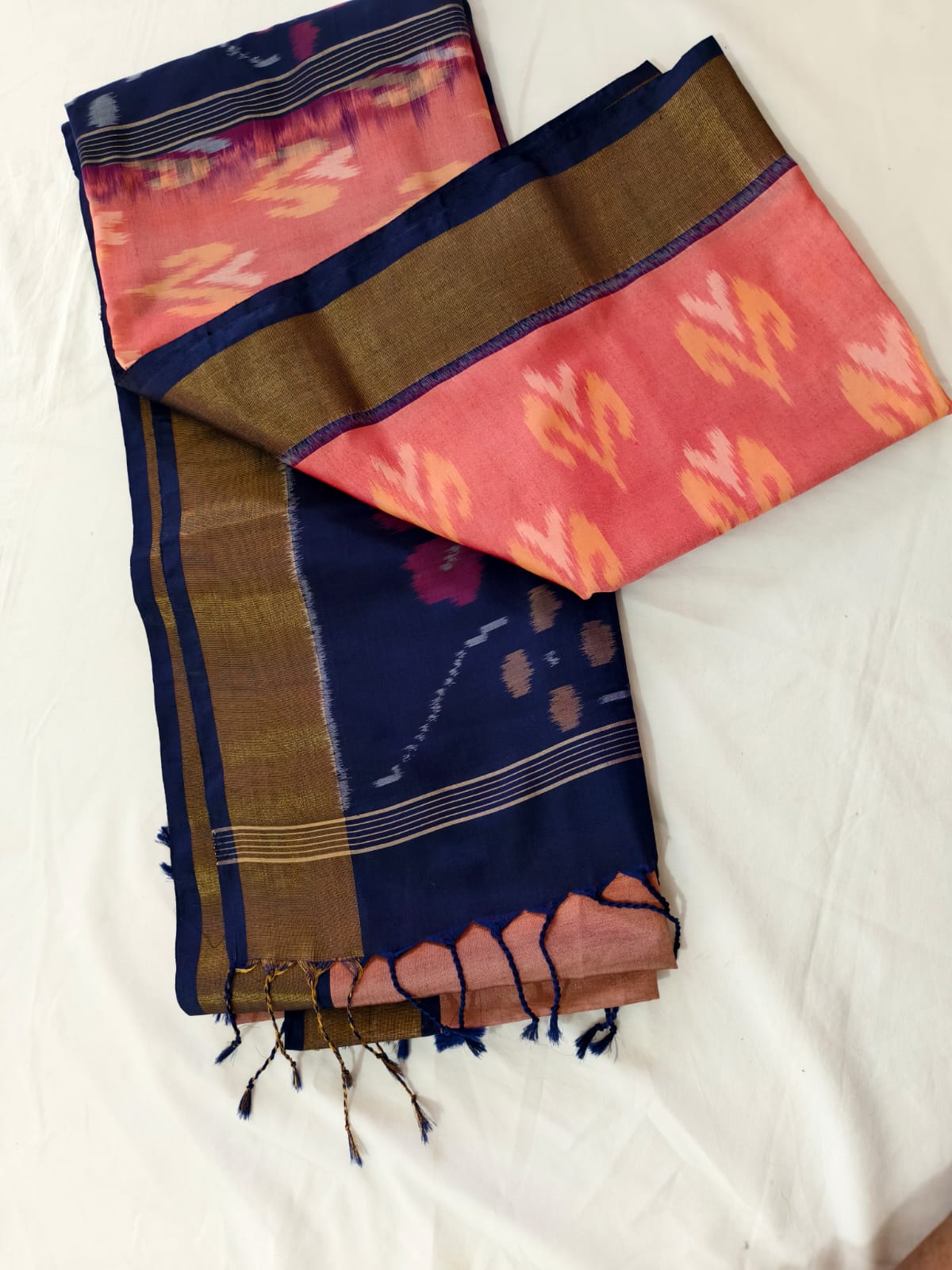 Silk Cotton Saree – Peach & Navy Blue