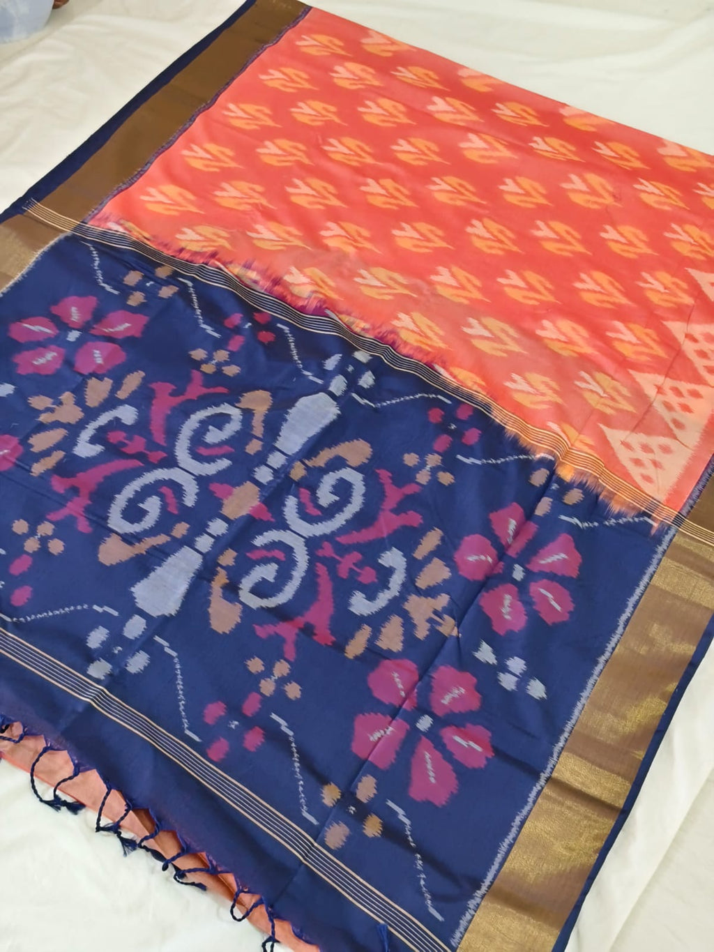 Silk Cotton Saree – Peach & Navy Blue