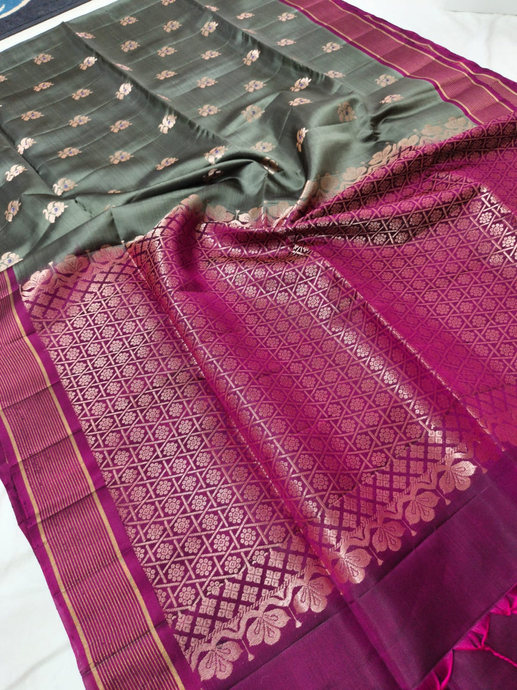 Soft Silk Saree – Olive Green & Magenta