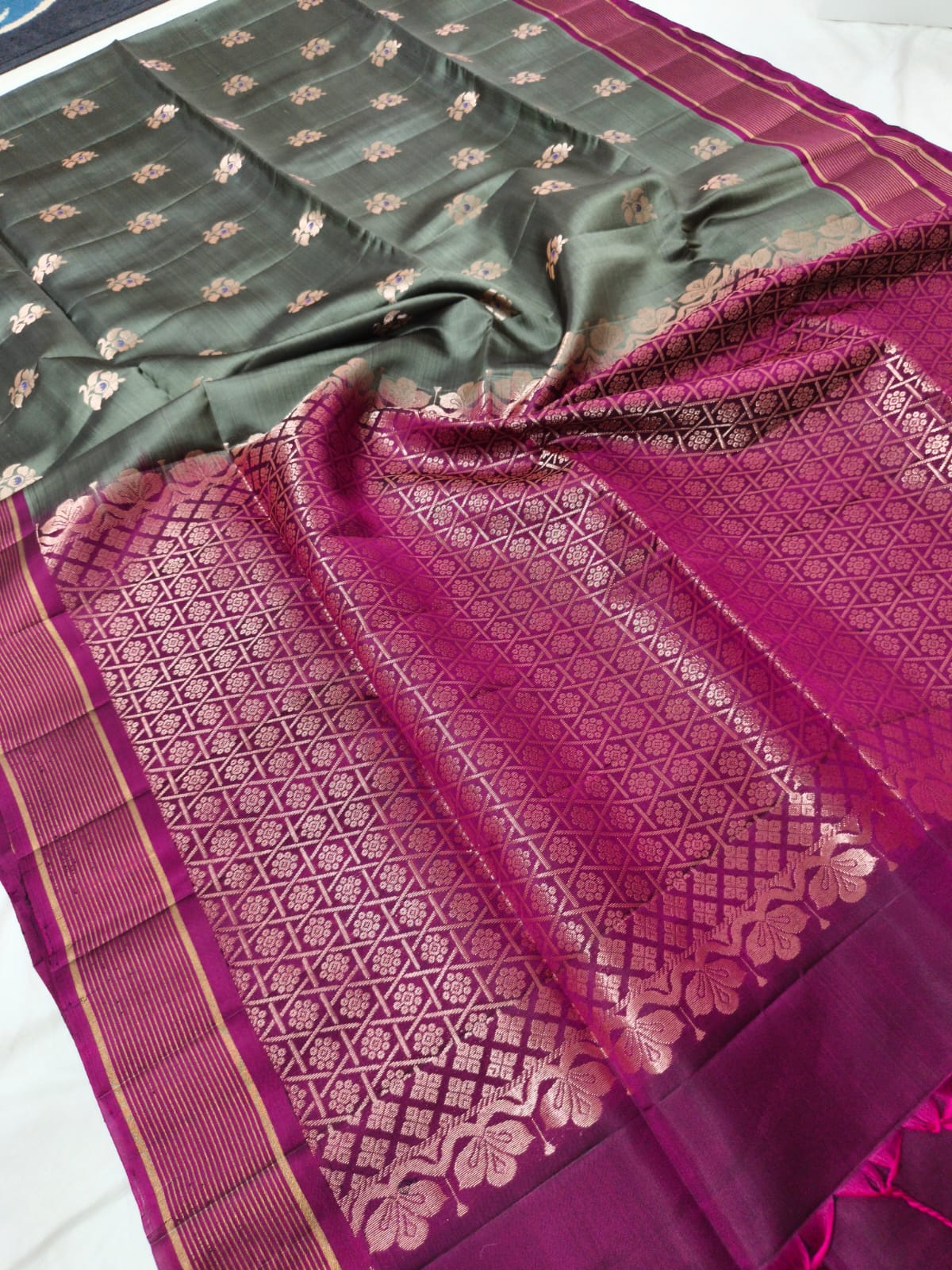 Soft Silk Saree – Olive Green & Magenta