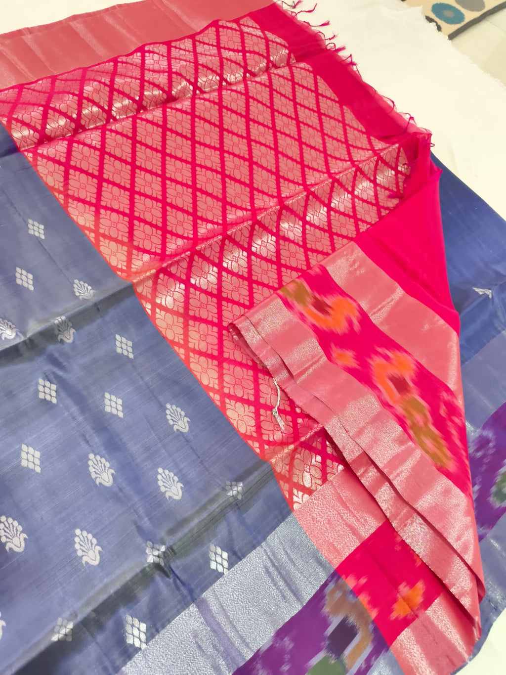 Soft Silk Saree – Steel Blue and Pink with Silver Zari