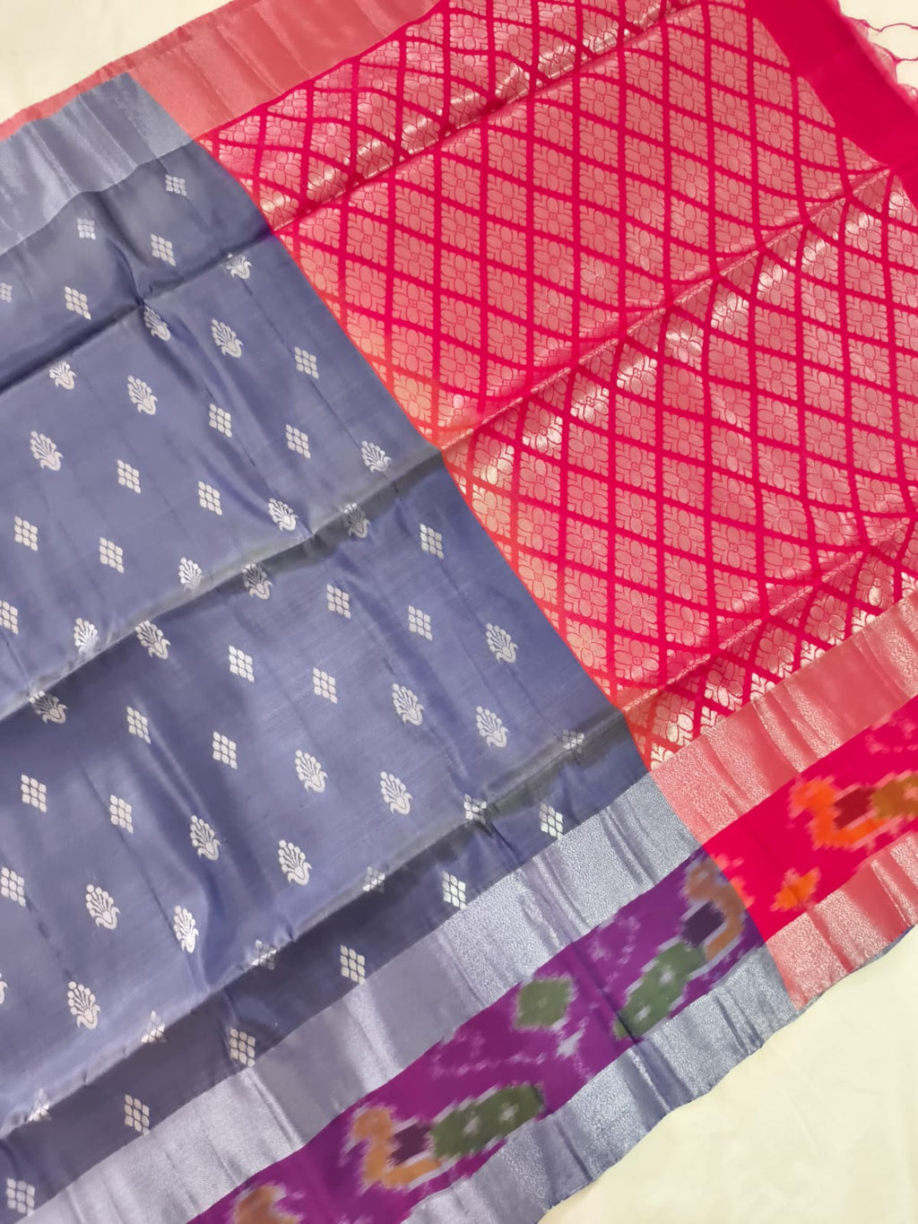 Soft Silk Saree – Steel Blue and Pink with Silver Zari