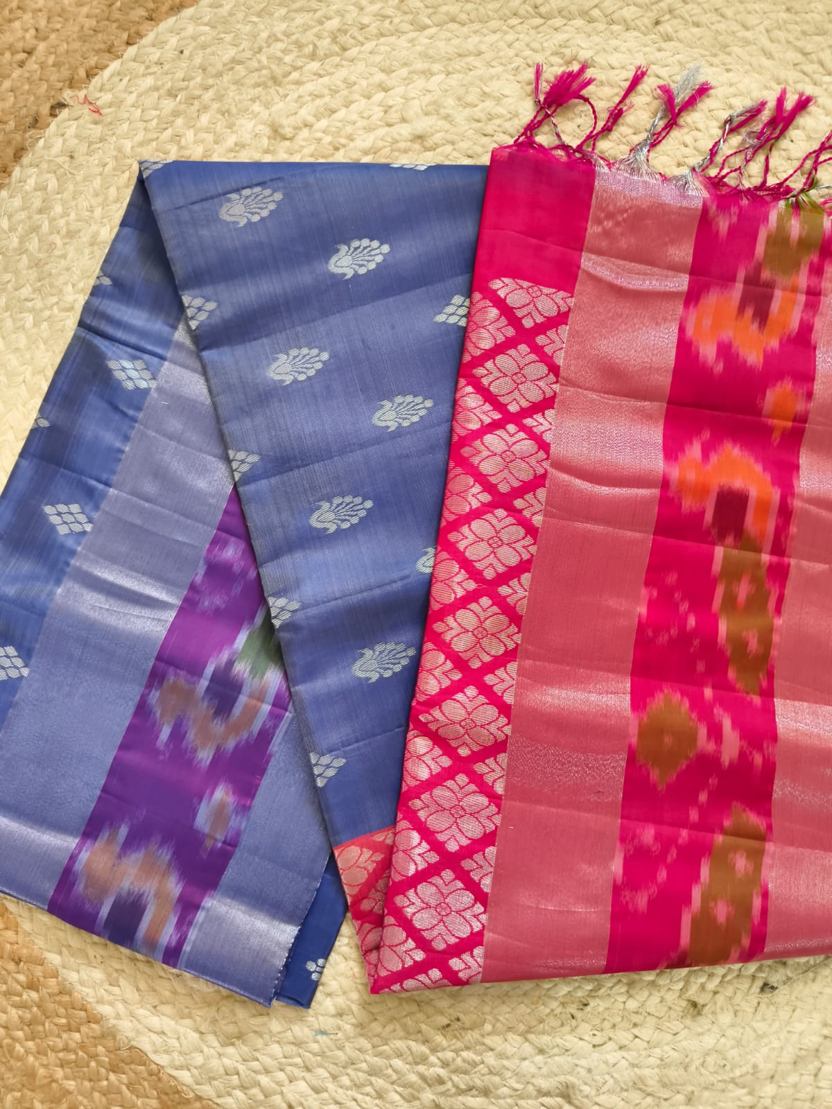 Soft Silk Saree – Steel Blue and Pink with Silver Zari