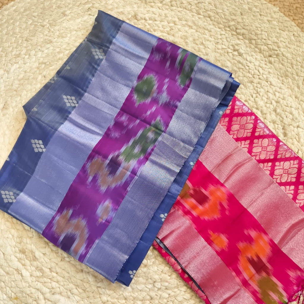 Soft Silk Saree – Steel Blue and Pink with Silver Zari