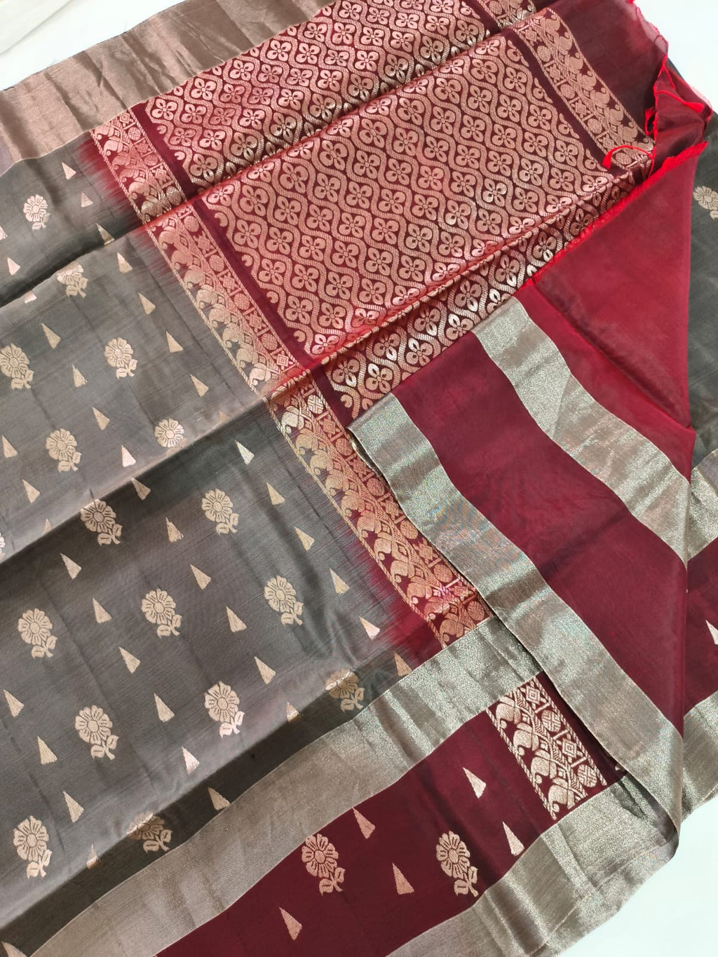 Soft Silk Saree – Dark Grey and Maroon Contrast