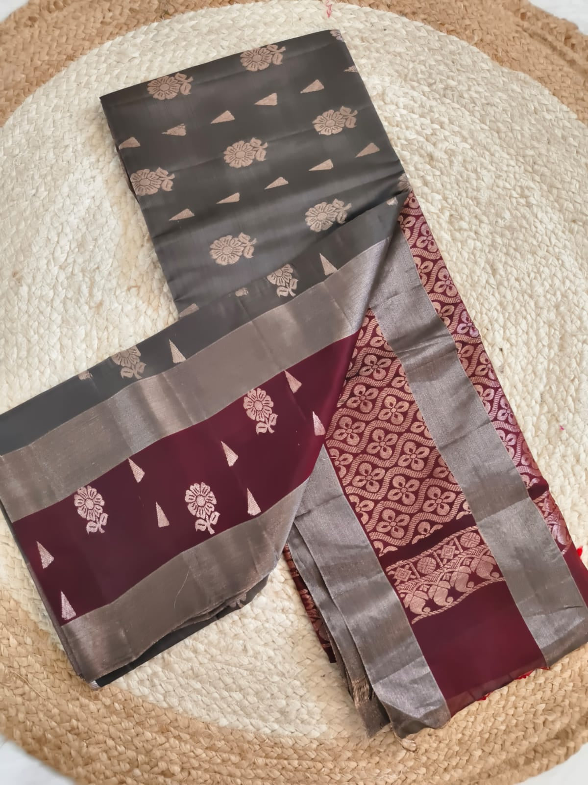 Soft Silk Saree – Dark Grey and Maroon Contrast