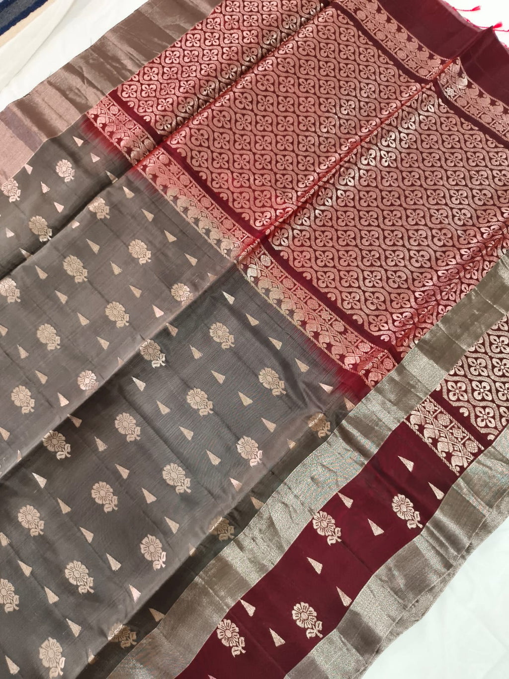 Soft Silk Saree – Dark Grey and Maroon Contrast