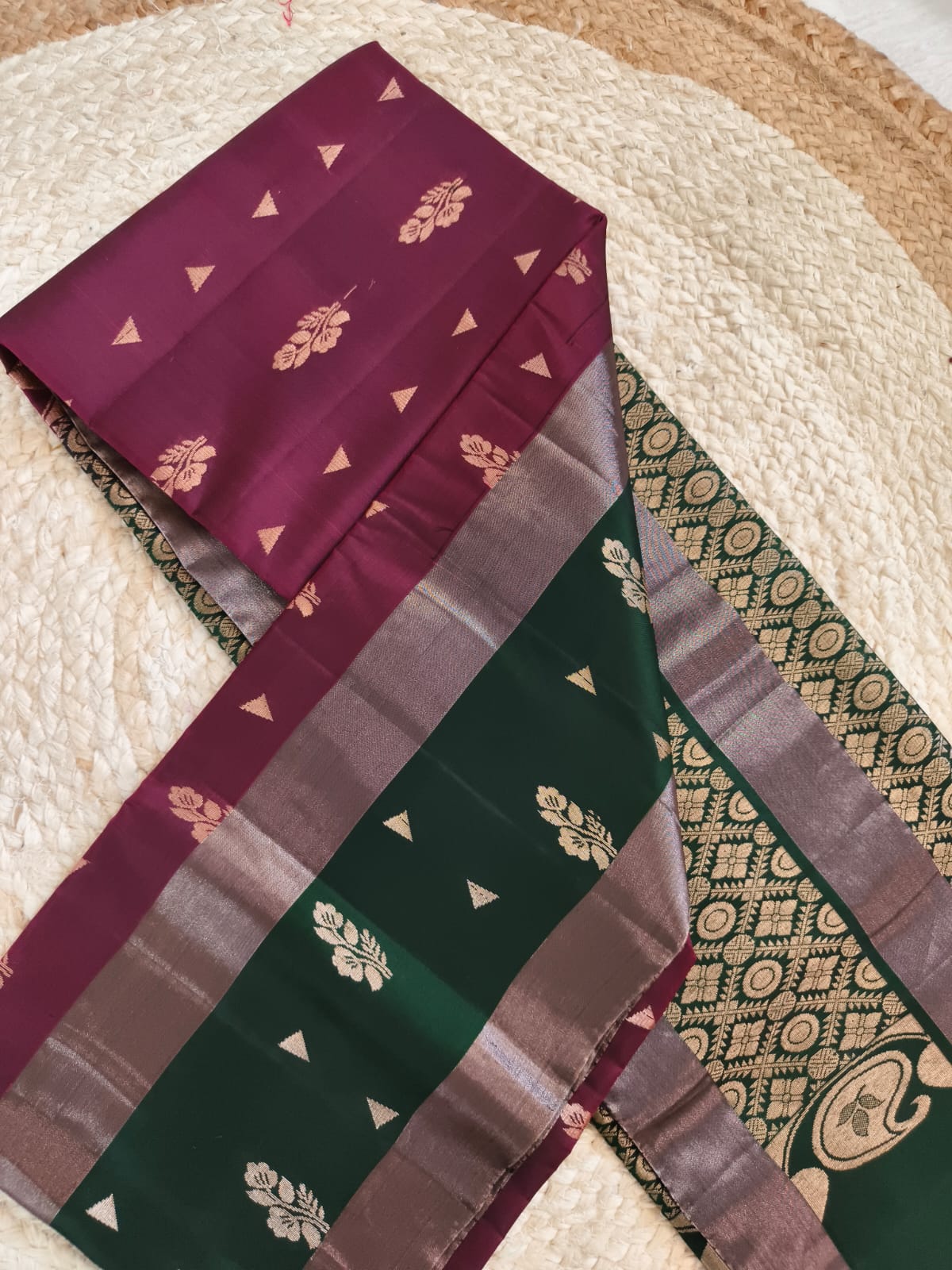 Soft Silk Saree – Maroon and Green Contrast