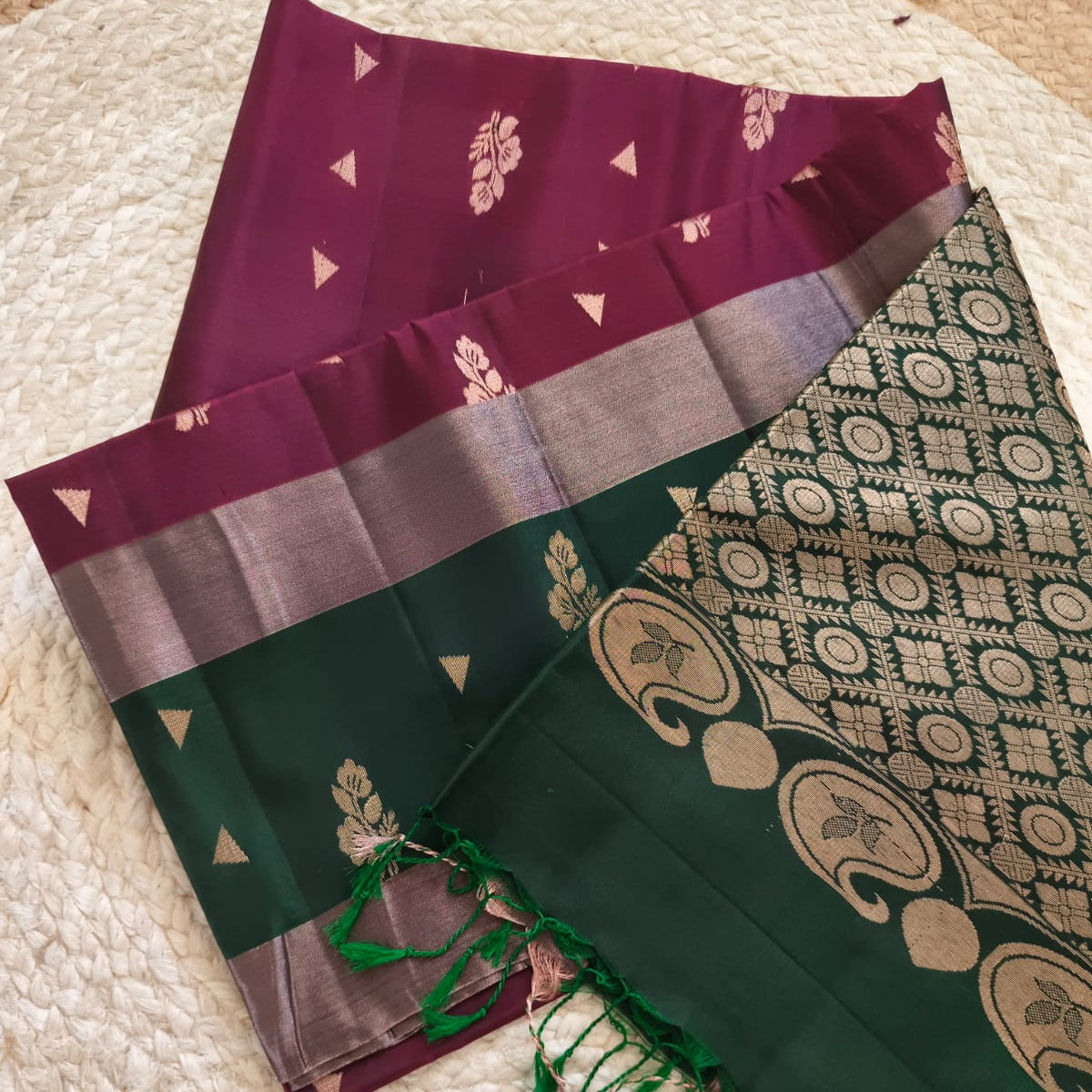 Soft Silk Saree – Maroon and Green Contrast