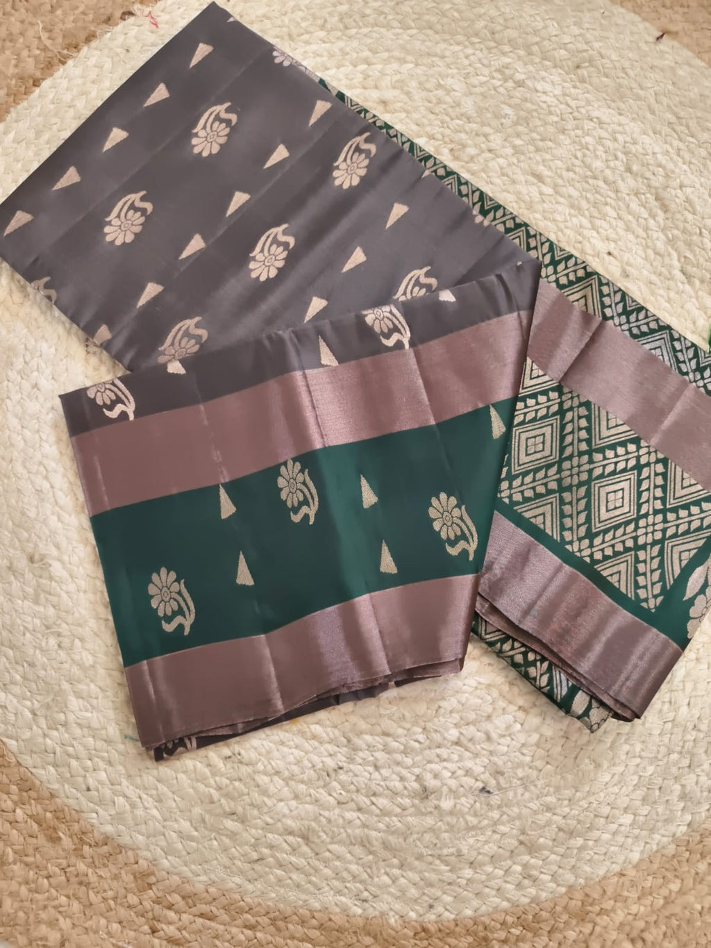 Soft Silk Saree – Dark Grey and Green Contrast