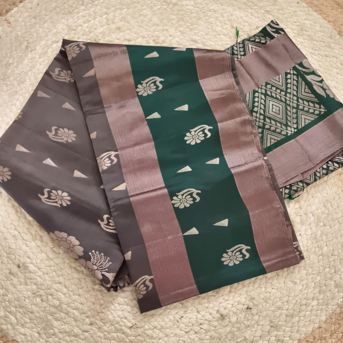 Soft Silk Saree – Dark Grey and Green Contrast