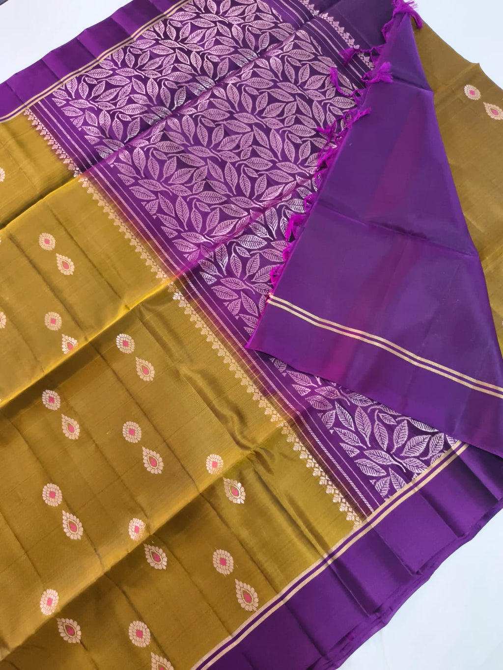 Soft Silk Saree – Olive Mustard and Dark Purple Contrast