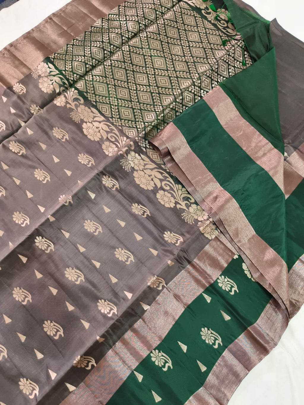 Soft Silk Saree – Dark Grey and Green Contrast