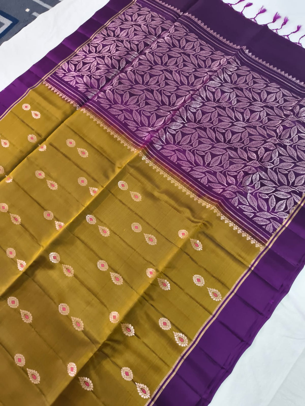 Soft Silk Saree – Olive Mustard and Dark Purple Contrast