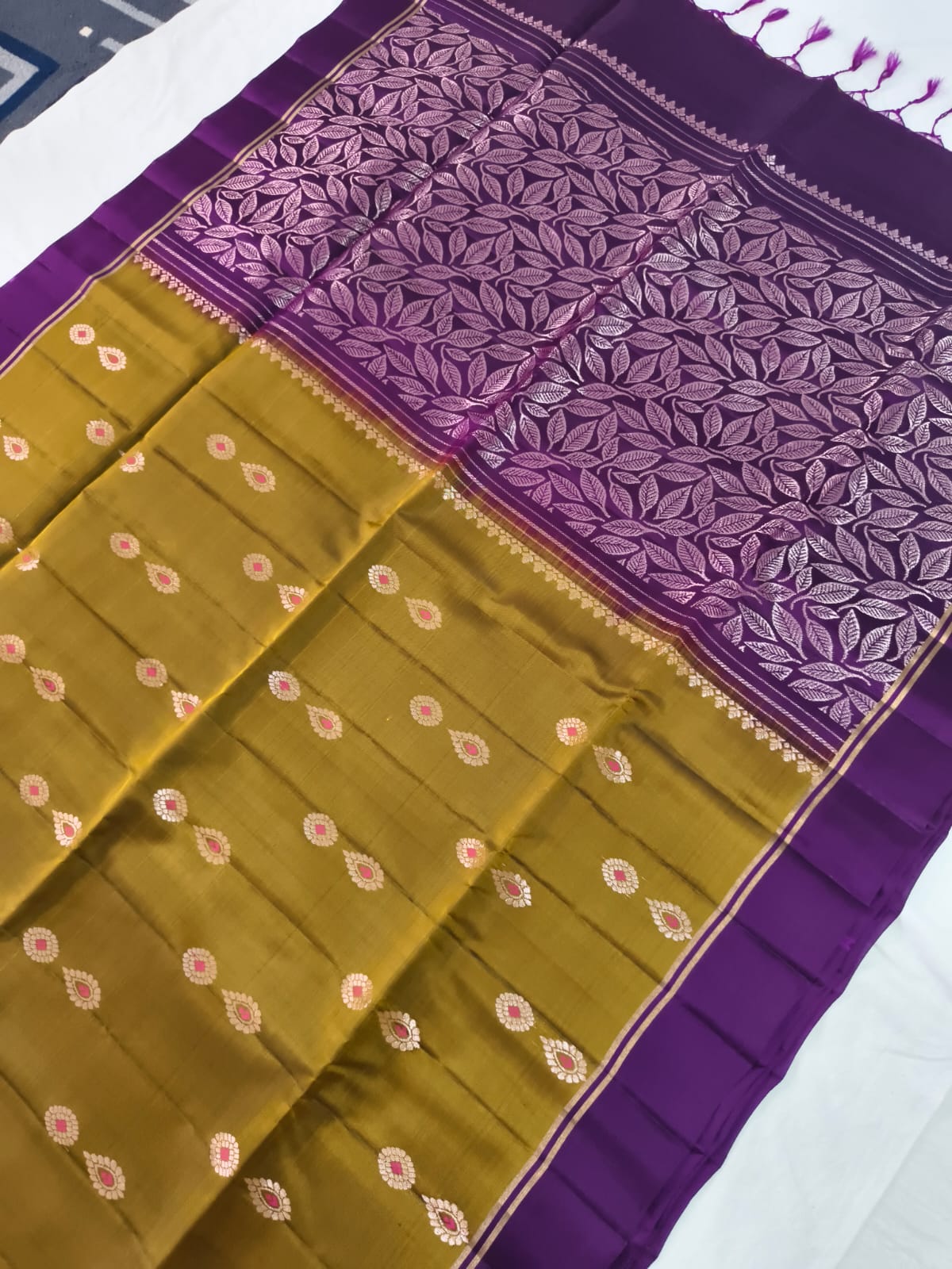 Soft Silk Saree – Olive Mustard and Dark Purple Contrast
