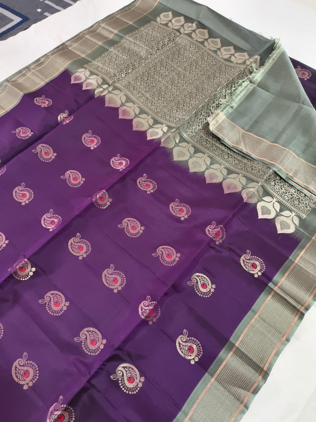 Soft Silk Saree – Dark Purple and Grey Contrast