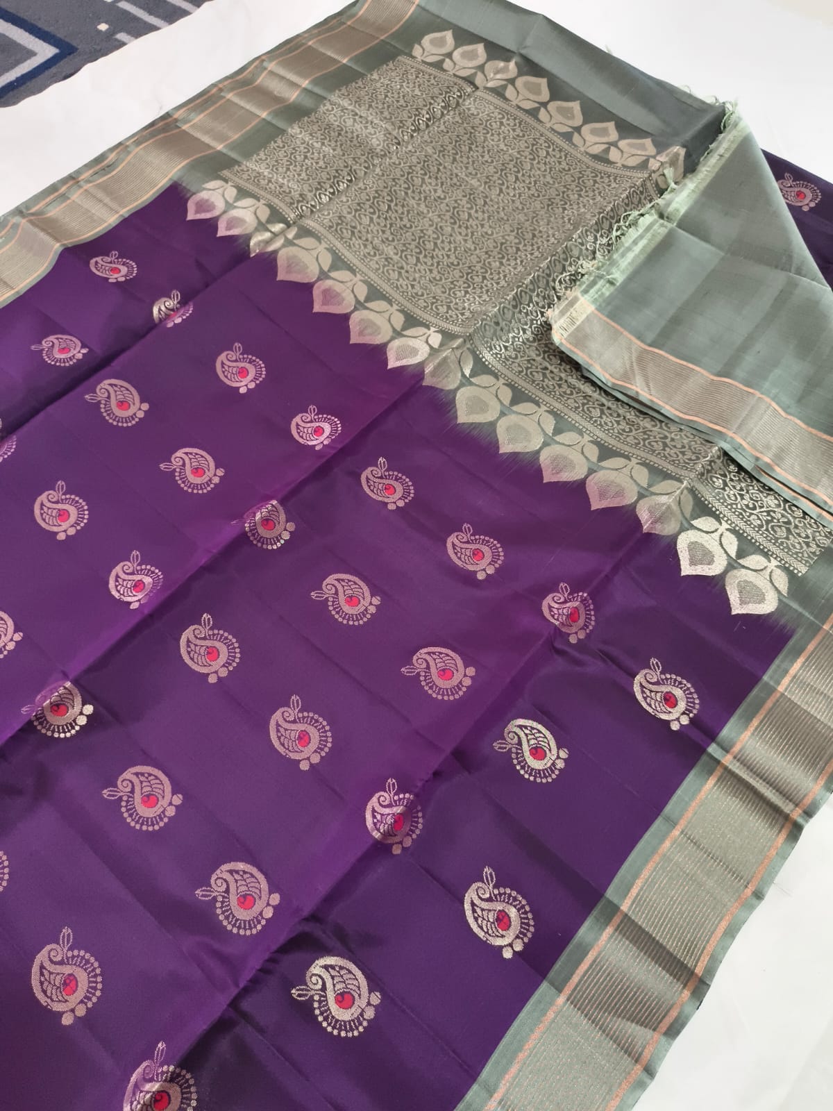 Soft Silk Saree – Dark Purple and Grey Contrast