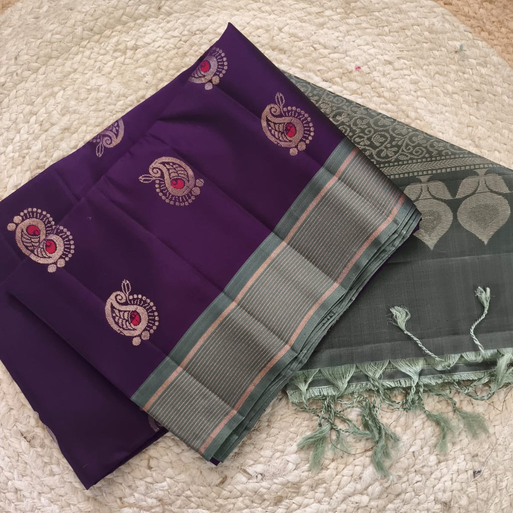 Soft Silk Saree – Dark Purple and Grey Contrast