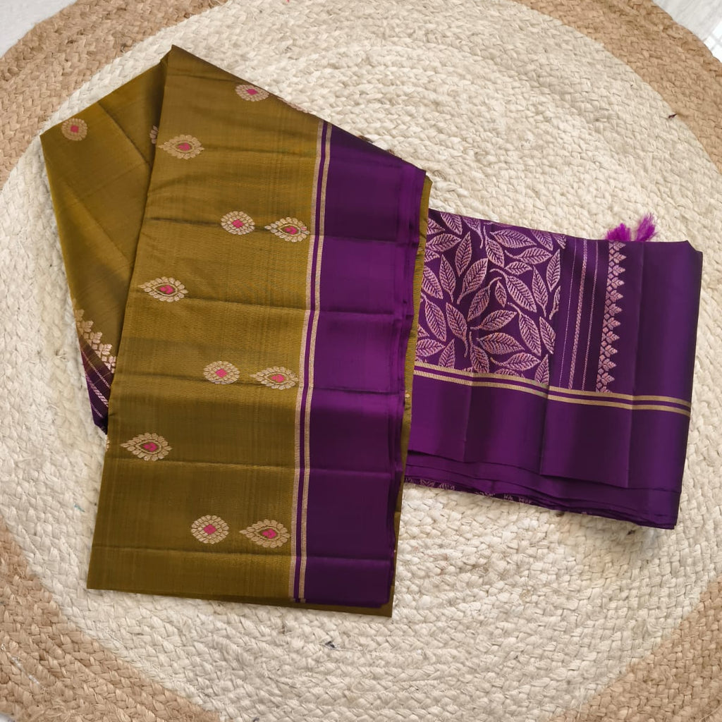Soft Silk Saree – Olive Mustard and Dark Purple Contrast