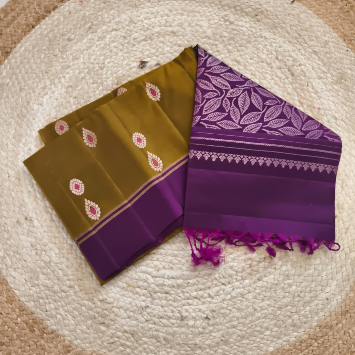 Soft Silk Saree – Olive Mustard and Dark Purple Contrast
