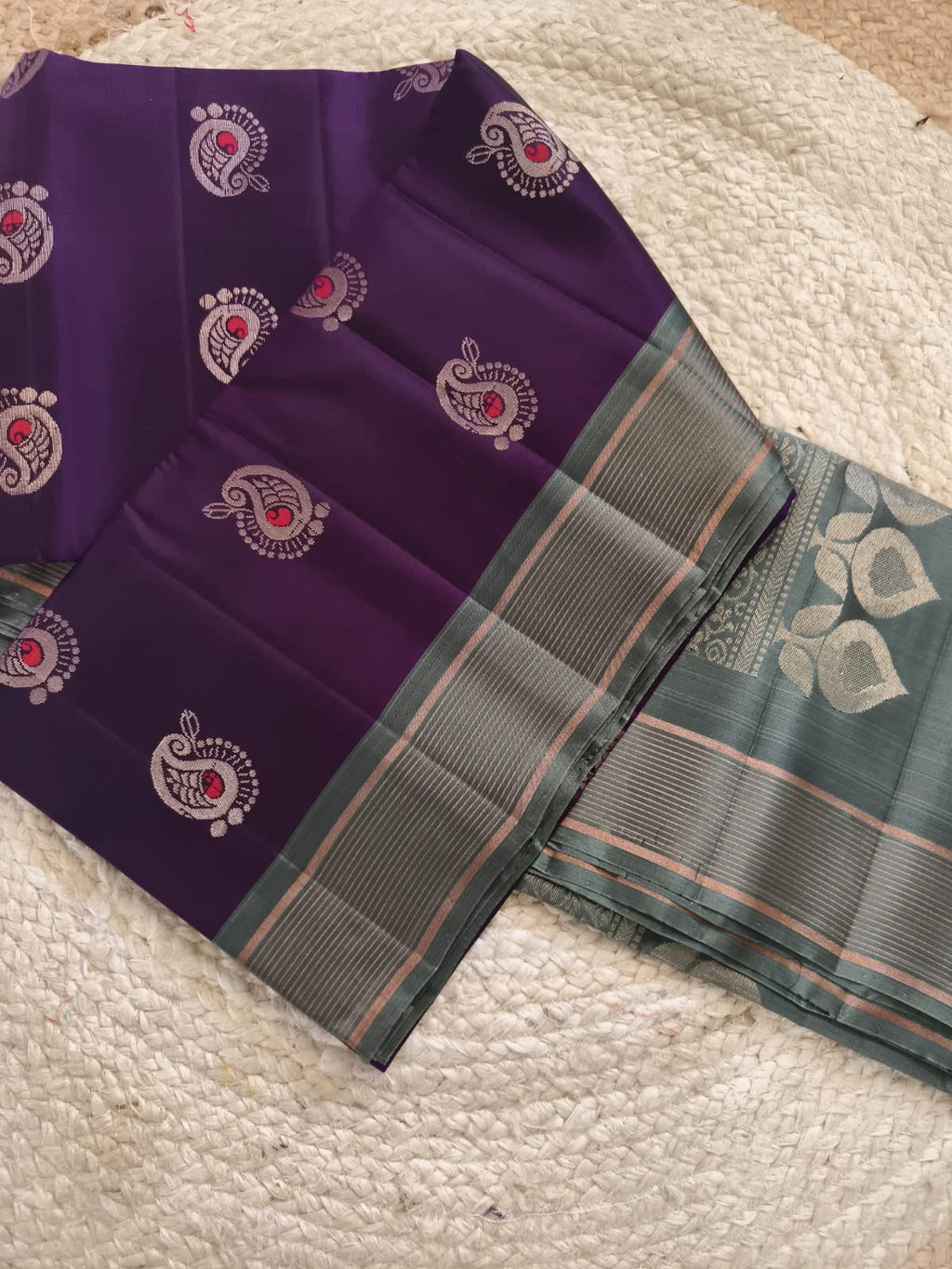 Soft Silk Saree – Dark Purple and Grey Contrast
