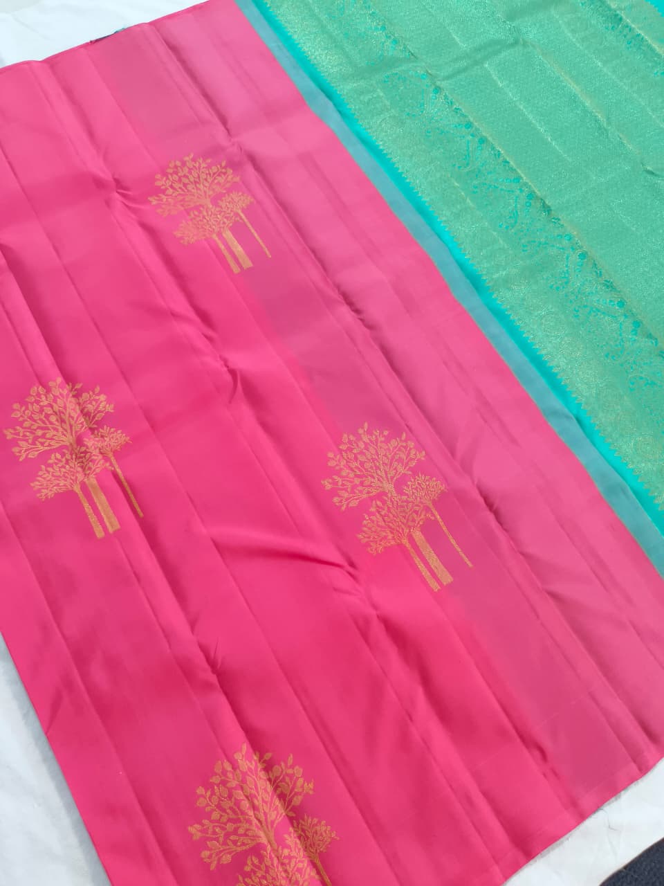 Pure Kanchipuram Handloom Borderless Silk Saree - Light Pink with Turquoise Contrast