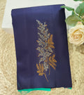 Pure Kanchipuram Handloom Borderless Silk Saree - Dark Navy Blue with Turquoise Contrast