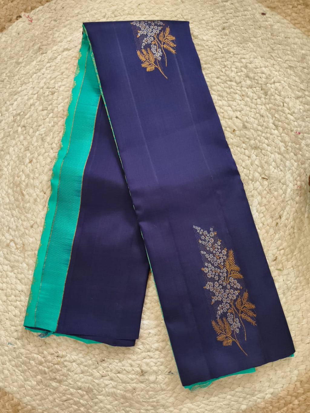 Pure Kanchipuram Handloom Borderless Silk Saree - Dark Navy Blue with Turquoise Contrast