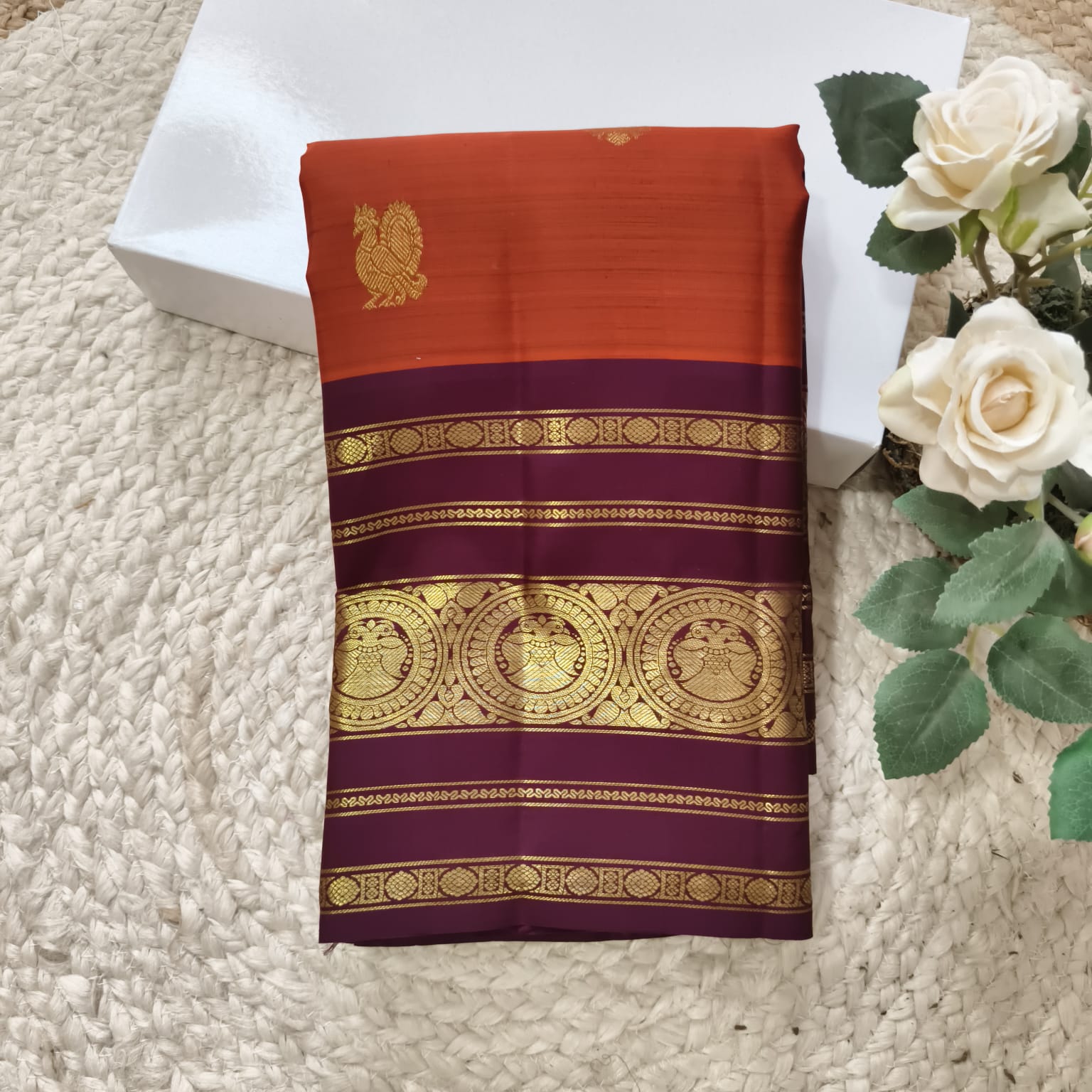 Pure Handloom Kanchipuram Silk Saree -Rust Orange and Deep Wine Contrast
