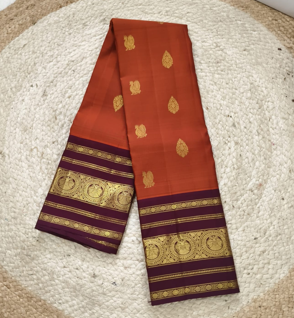 Pure Handloom Kanchipuram Silk Saree -Rust Orange and Deep Wine Contrast