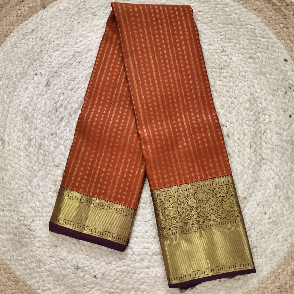 Pure Handloom Kanchipuram Silk Saree -Rust Orange and Deep Brown Contrast
