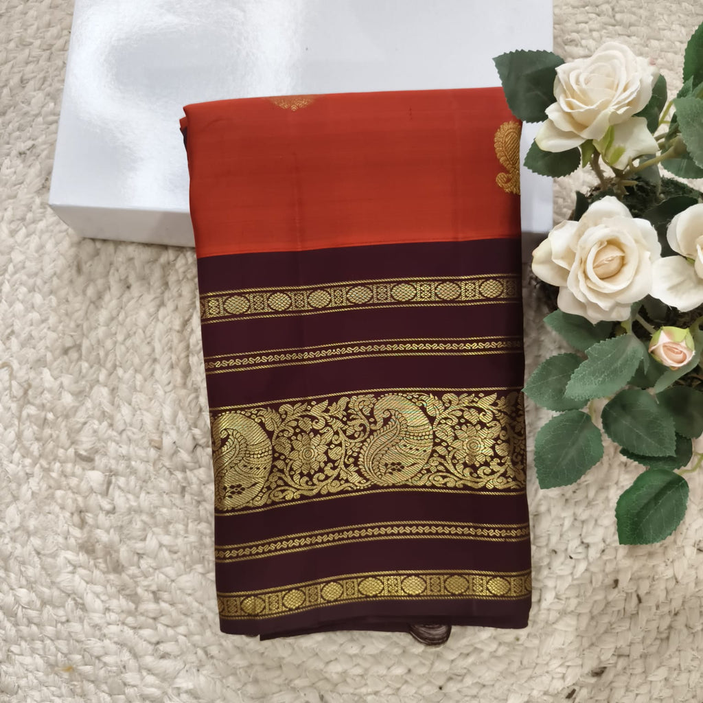 Pure Handloom Kanchipuram Silk Saree -Rust Orange and Deep Brown Contrast