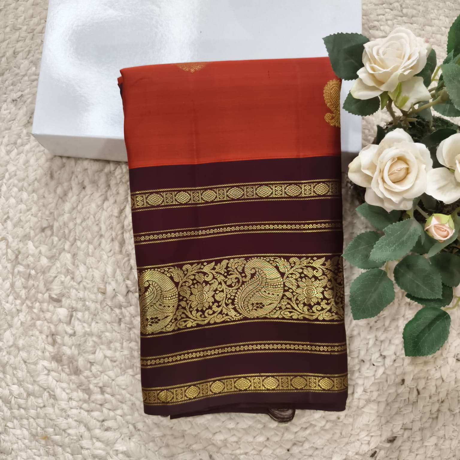 Pure Handloom Kanchipuram Silk Saree -Rust Orange and Deep Brown Contrast