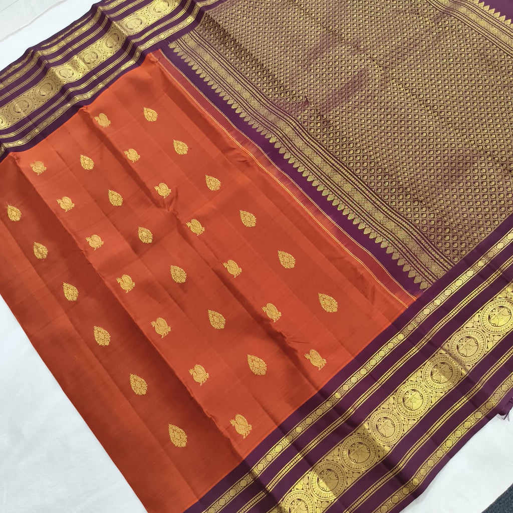Pure Handloom Kanchipuram Silk Saree -Rust Orange and Deep Wine Contrast