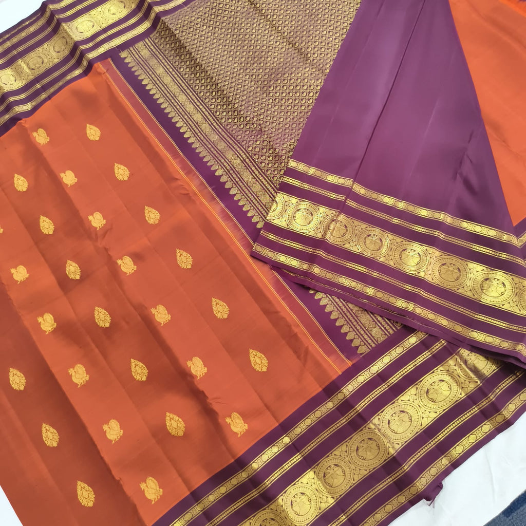 Pure Handloom Kanchipuram Silk Saree -Rust Orange and Deep Wine Contrast