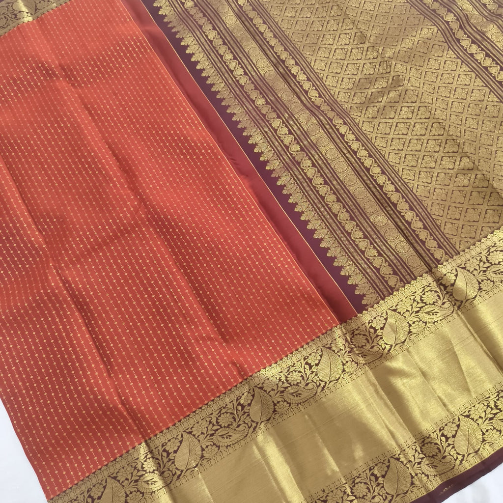Pure Handloom Kanchipuram Silk Saree -Rust Orange and Deep Brown Contrast Long Border