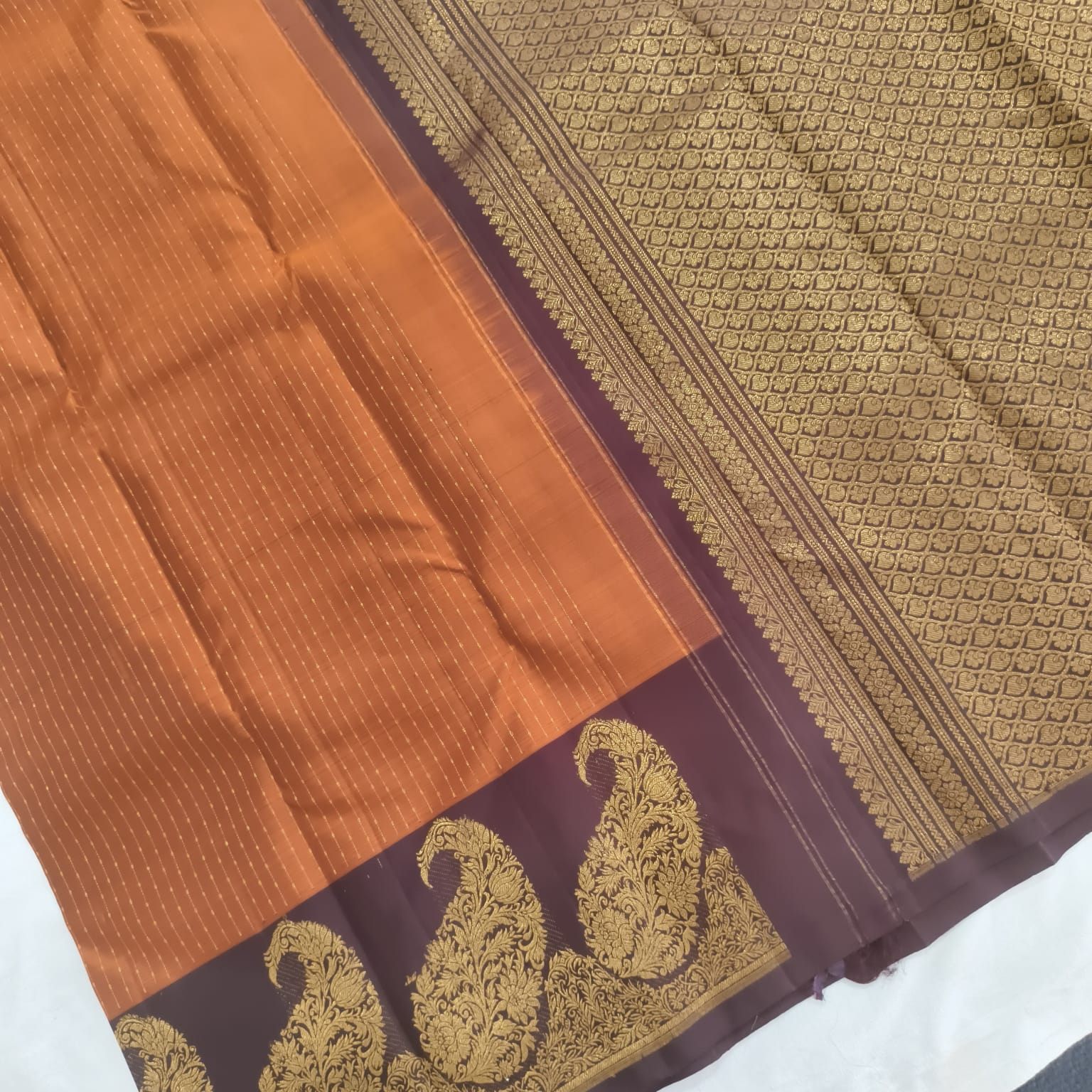 Pure Handloom Kanchipuram Silk Saree -Rust Orange and Deep Brown Contrast