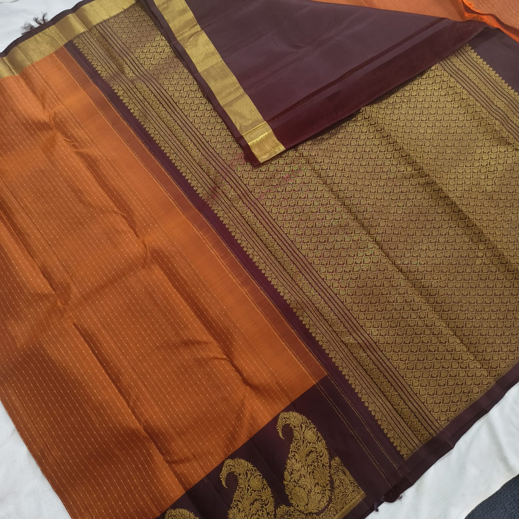 Pure Handloom Kanchipuram Silk Saree -Rust Orange and Deep Brown Contrast