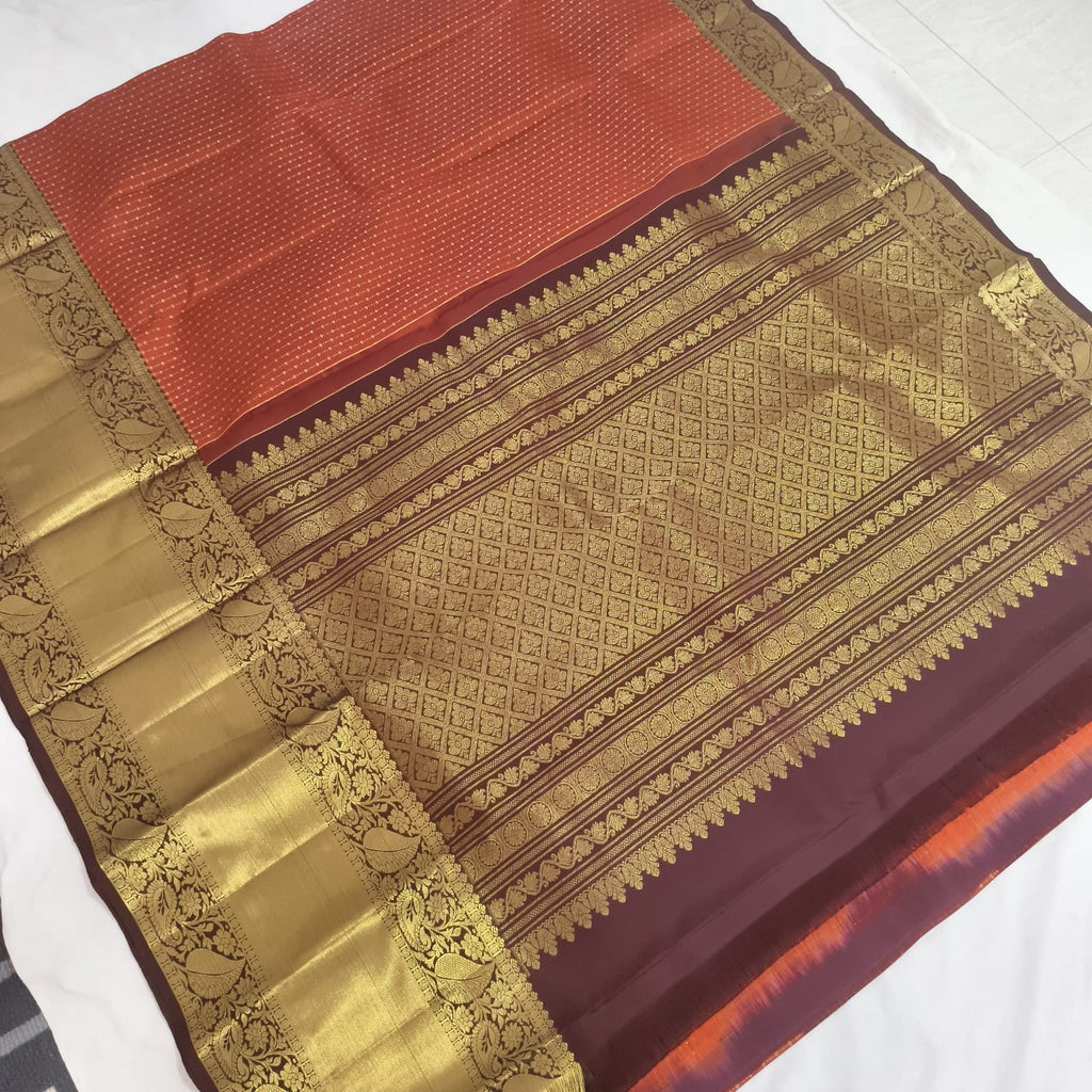 Pure Handloom Kanchipuram Silk Saree -Rust Orange and Deep Brown Contrast Long Border