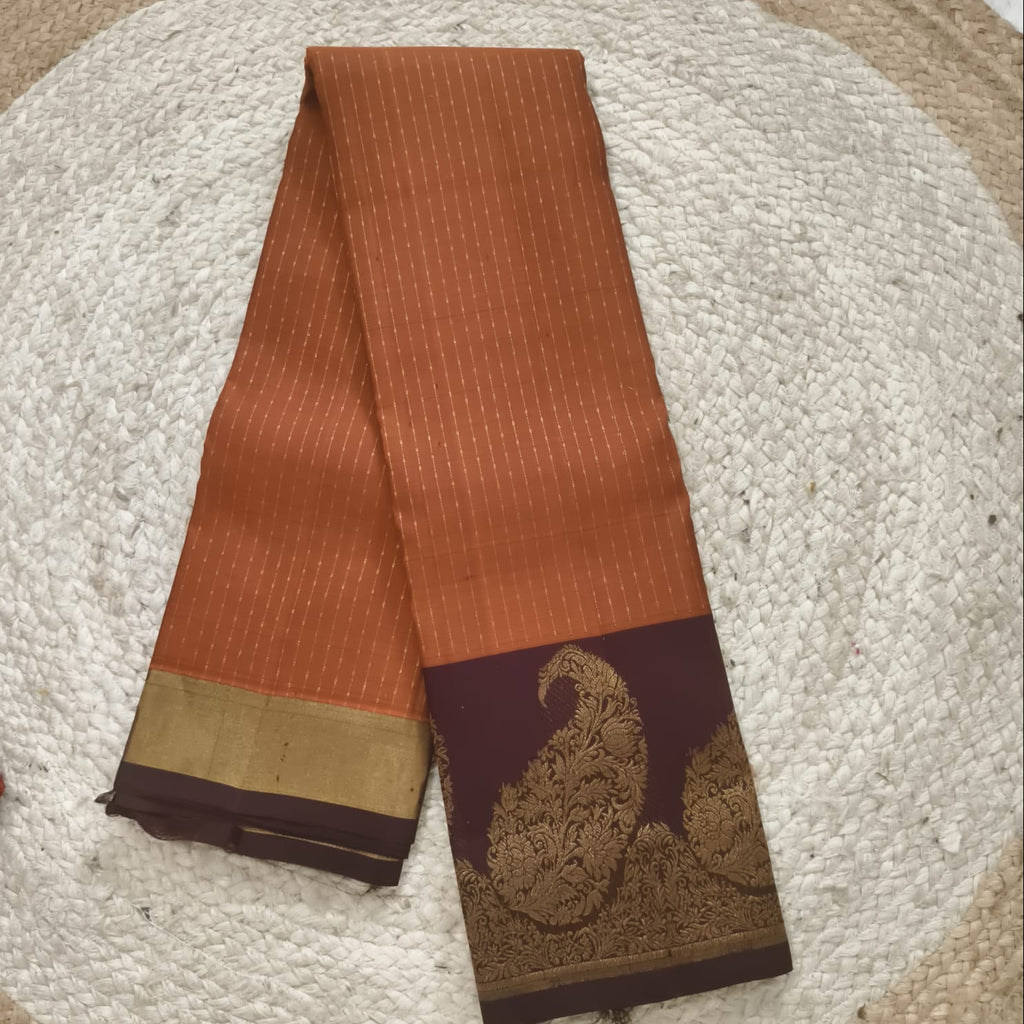 Pure Handloom Kanchipuram Silk Saree -Rust Orange and Deep Brown Contrast
