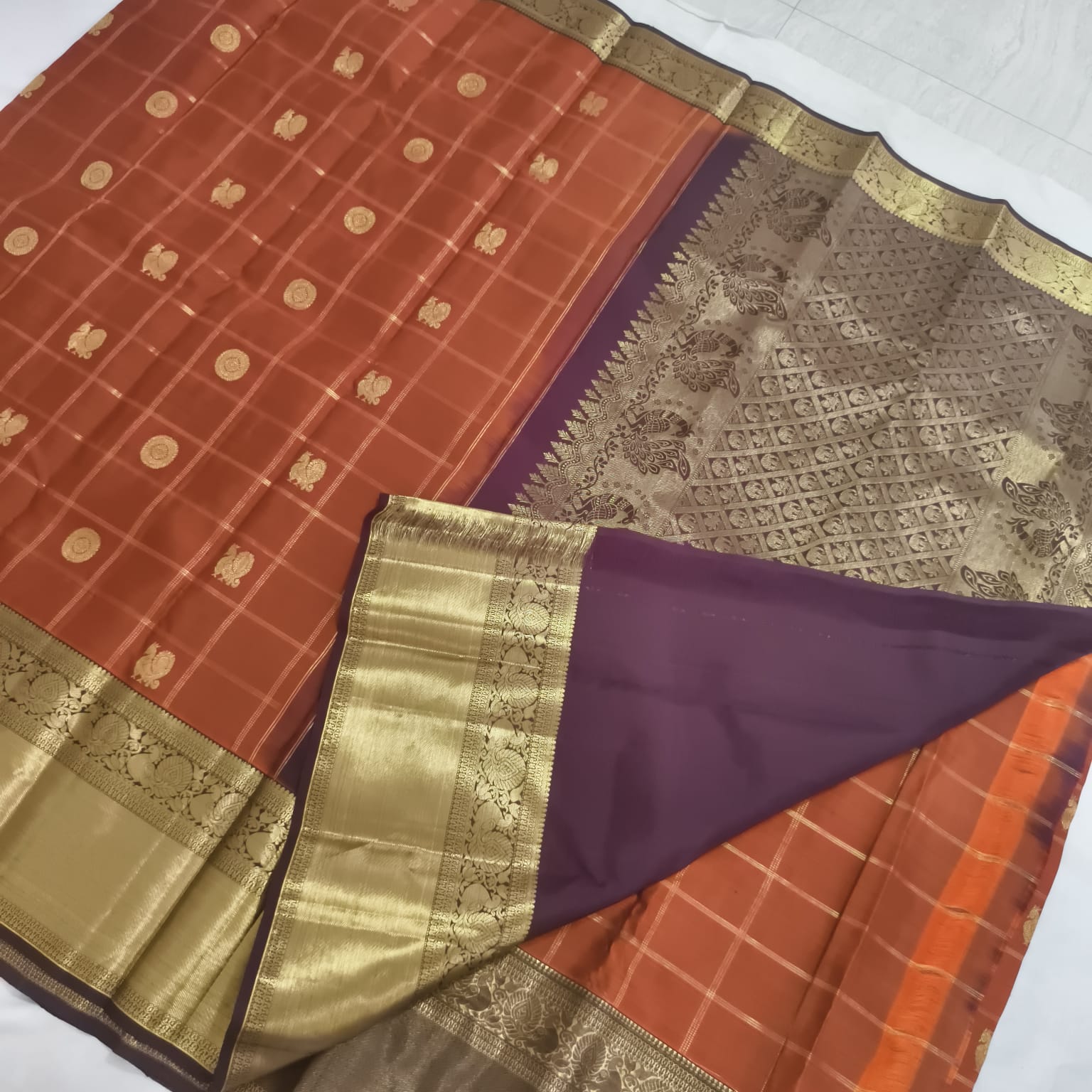 Pure Handloom Kanchipuram Silk Saree -Rust Orange and Deep Brown Contrast