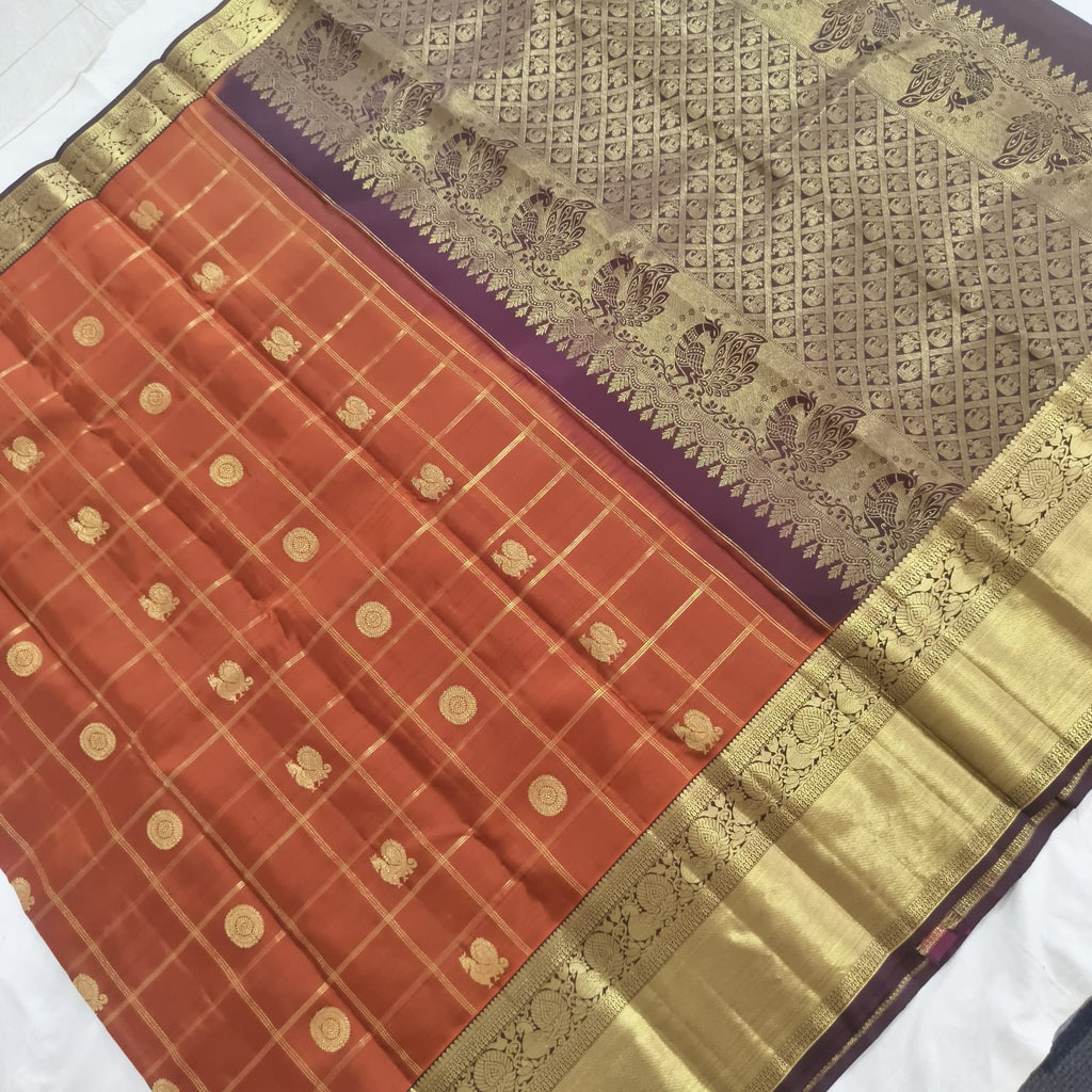 Pure Handloom Kanchipuram Silk Saree -Rust Orange and Deep Brown Contrast