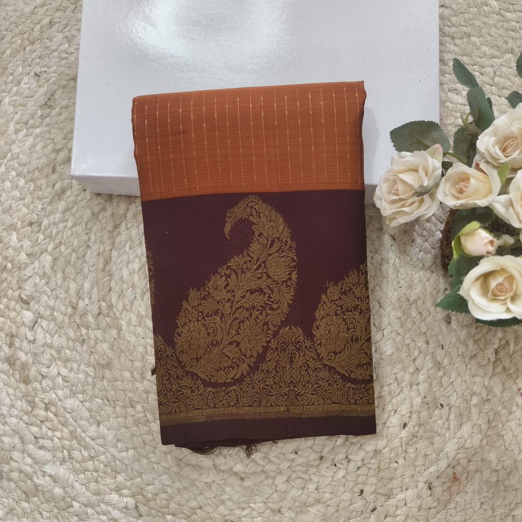 Pure Handloom Kanchipuram Silk Saree -Rust Orange and Deep Brown Contrast