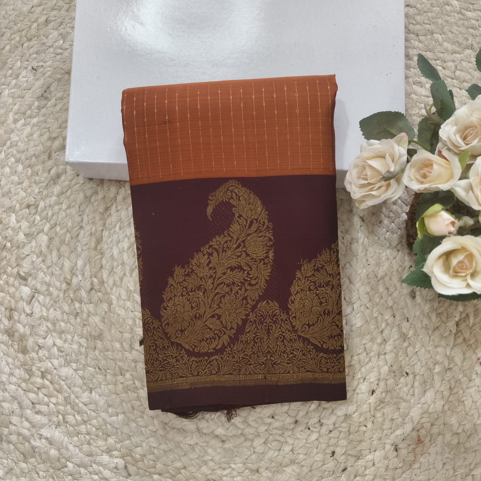 Pure Handloom Kanchipuram Silk Saree -Rust Orange and Deep Brown Contrast