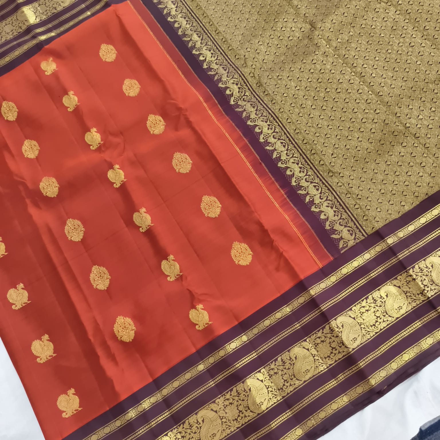 Pure Handloom Kanchipuram Silk Saree -Rust Orange and Deep Brown Contrast