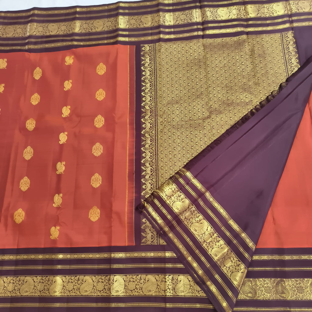 Pure Handloom Kanchipuram Silk Saree -Rust Orange and Deep Brown Contrast